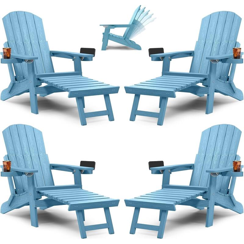 WINSOON All Weather HIPS Folding Adirondack Chair 5-Gear Adjustable Backrest Chairs with Retractable Ottoman Set of 4 - Baby Blue