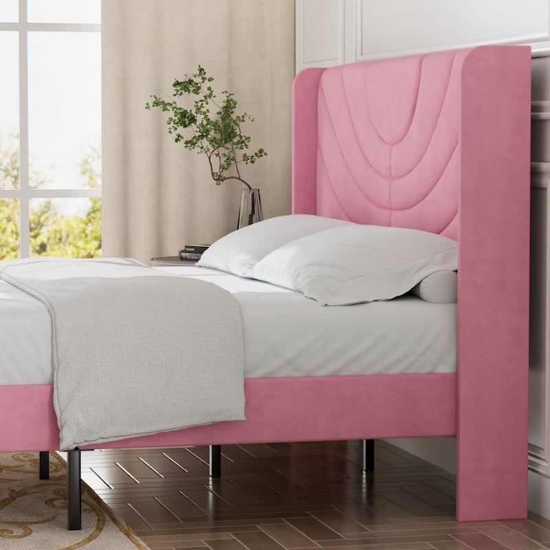 Javlergo Upholstered Bed Frame with Wingback Panel Headboard, No Box Spring Needed