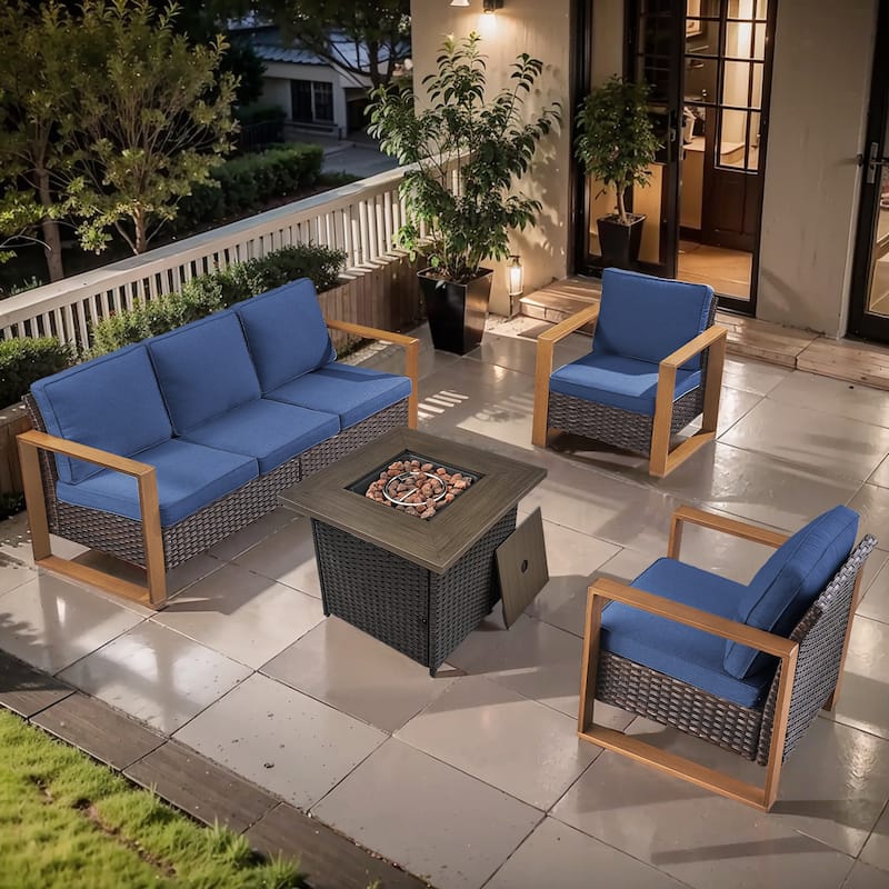 Pocassy Outdoor Fire Pit Conversation Set 3-Seat Sofa Chairs Patio Furniture Set - Brown Wicker Blue Cushion - 4-Piece Sofa Patio Chair with Fire Table