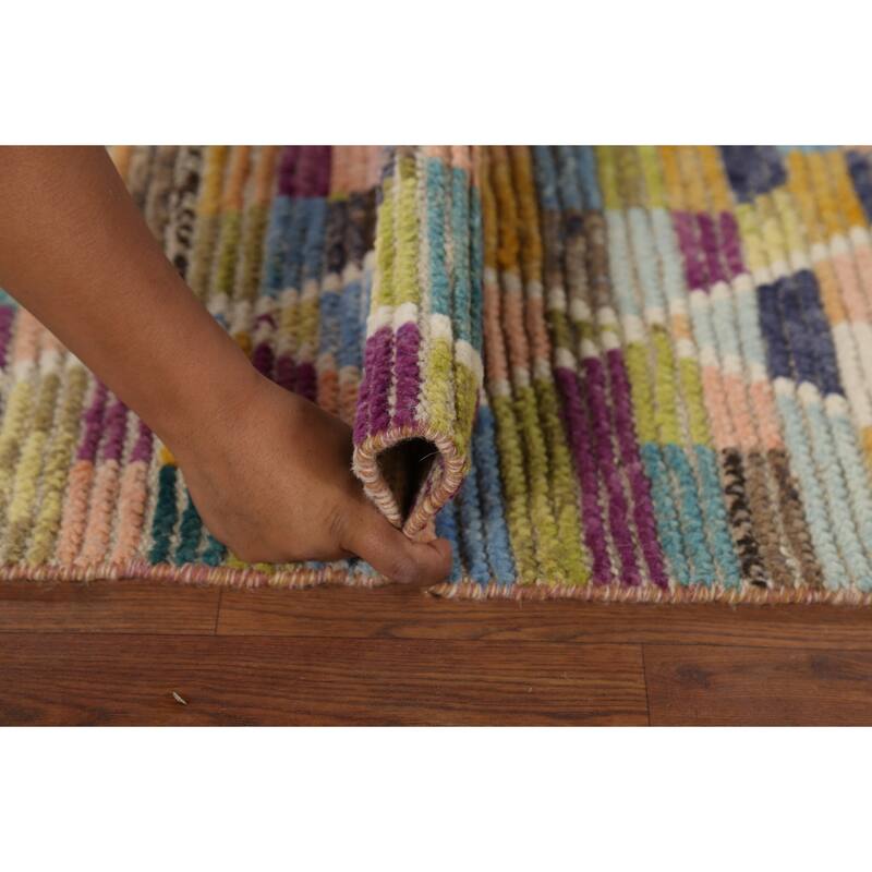 Hand Knotted Oriental 100% Wool Carpet Modern All-Over Multi-Colored Moroccan Runner Rug - 12' 9'' X 2' 5''