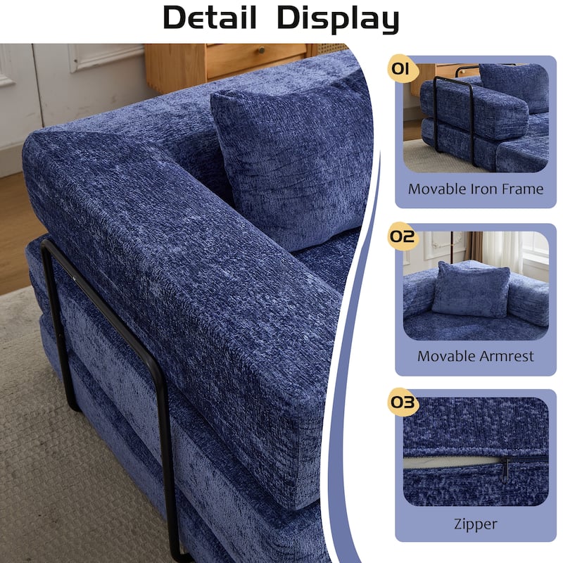 Convertible Floor Sofa Bed - Fixed Frame Chenille Loveseat, Modular Sectional, No Assembly Required