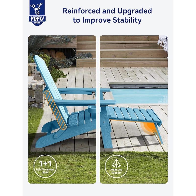 WINSOON All Weather HIPS Folding Adirondack Chair with Ottoman, 5-Gear Adjustable Backrest and Retractable Ottoman Set of 4