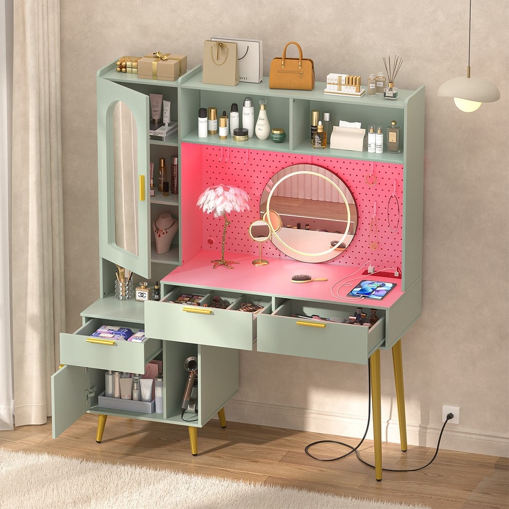 Makeup Vanity with Pegboard and Hutch, Bedroom Vanity Table with Charge Station and LED Light