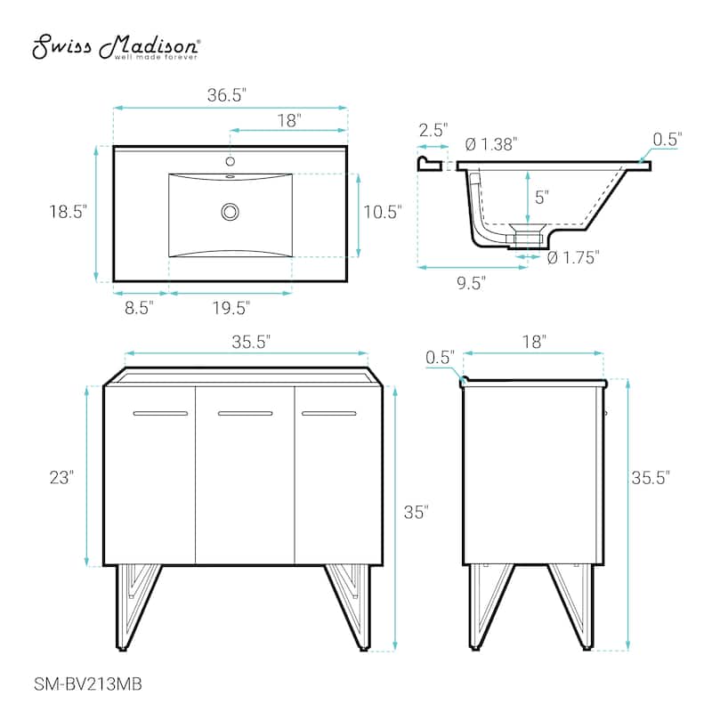 Annecy 36 In. White Bathroom Vanity With Black Ceramic Sink Top