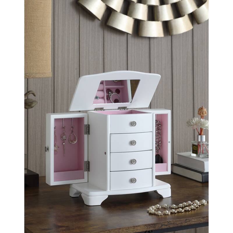 White Jewelry Box with Pink Velvet Lining，4 layer jewelry organizer box and attached 2 side doors
