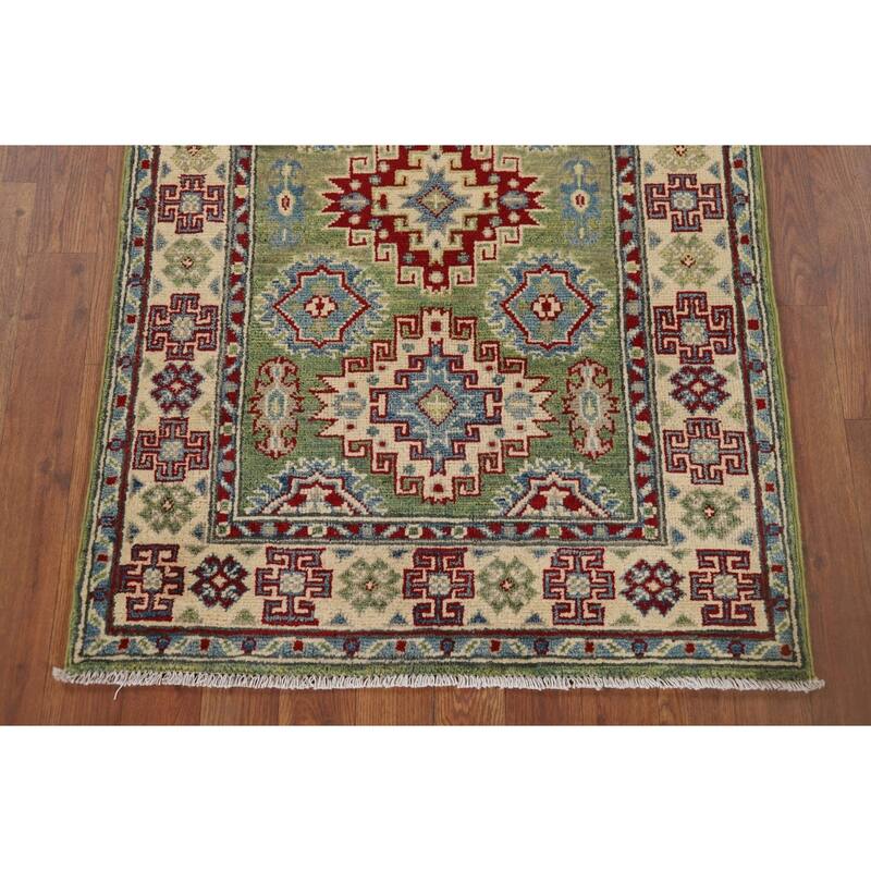 Green Kazak Accent Rug Handmade Oriental Wool Carpet - 2'8" x 3'11"