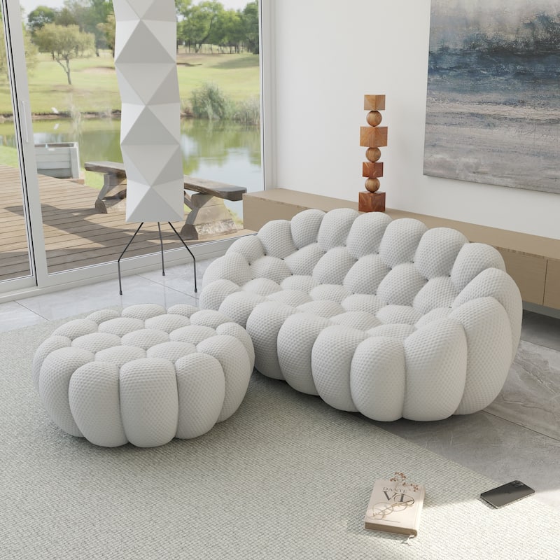 3D Honeycomb Fabric Upholstered Bubble Sofa Modern Loveseat with Ottoman - Light Grey