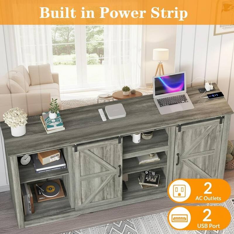 Farmhouse TV Stands, with Adjustable Shelves & Sliding Barn Door