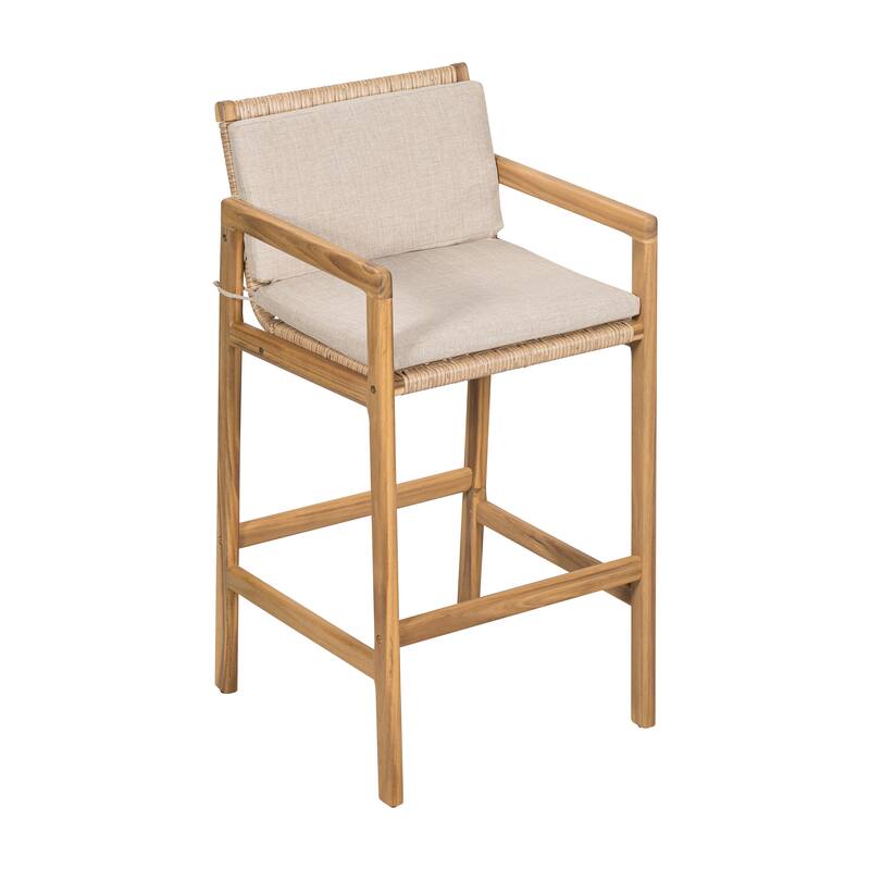 Roomfitters Marcella Outdoor Acacia Wood Barstools with Wicker Back, Teak Finish and Beige Set of 2