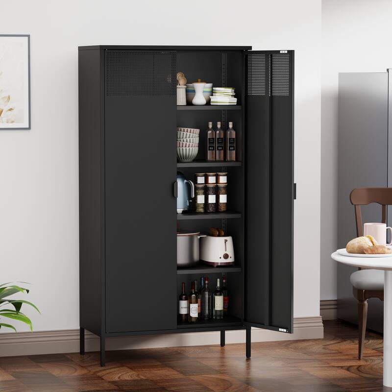 Sideboard Cabinet with Non-Slip Adjustable Feet, Metal Pantry Cabinet with Magnetic Doors & Adjustable Shelves