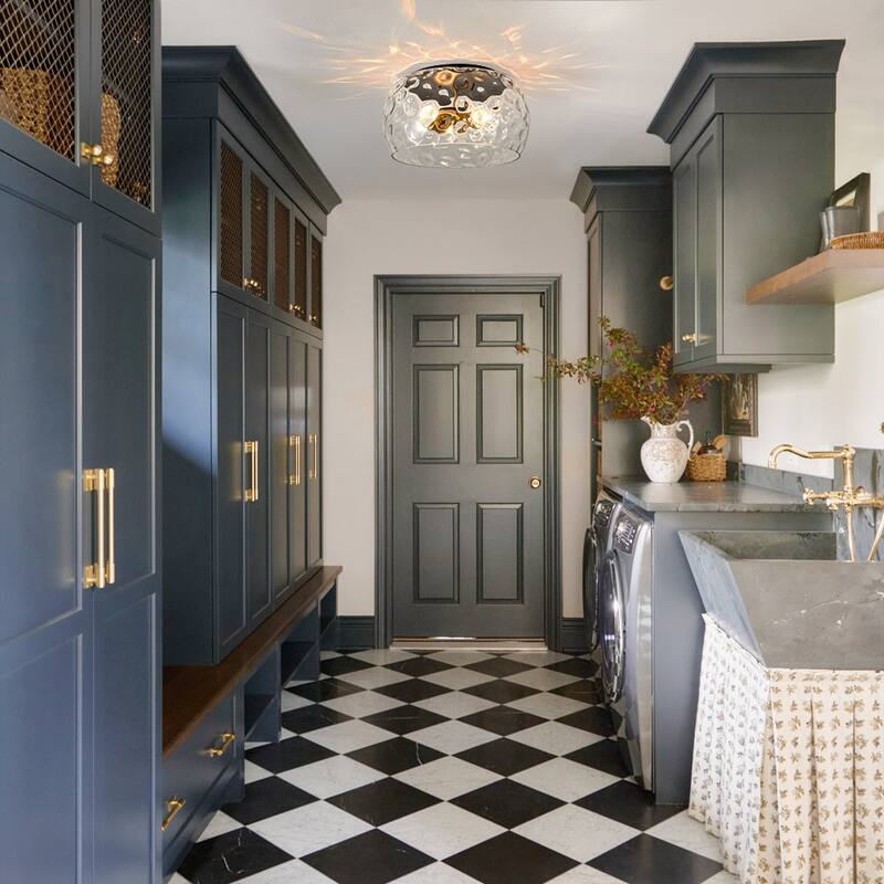 Modern Large Water Glass Shade Round Flush Mount Light - Black Brass