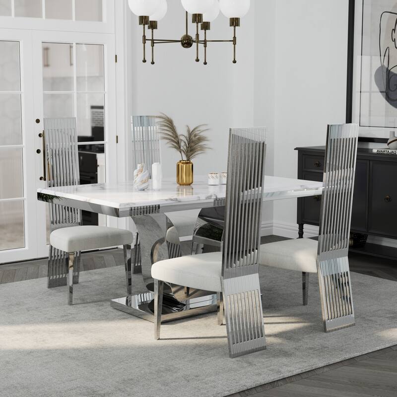Faux Mable Dining Table Set with White Boucle and High Back Chairs