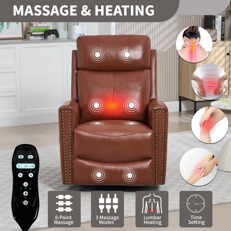 Genuine Leather Heat Massage Manual Recliner Chair with Rocker and Swivel