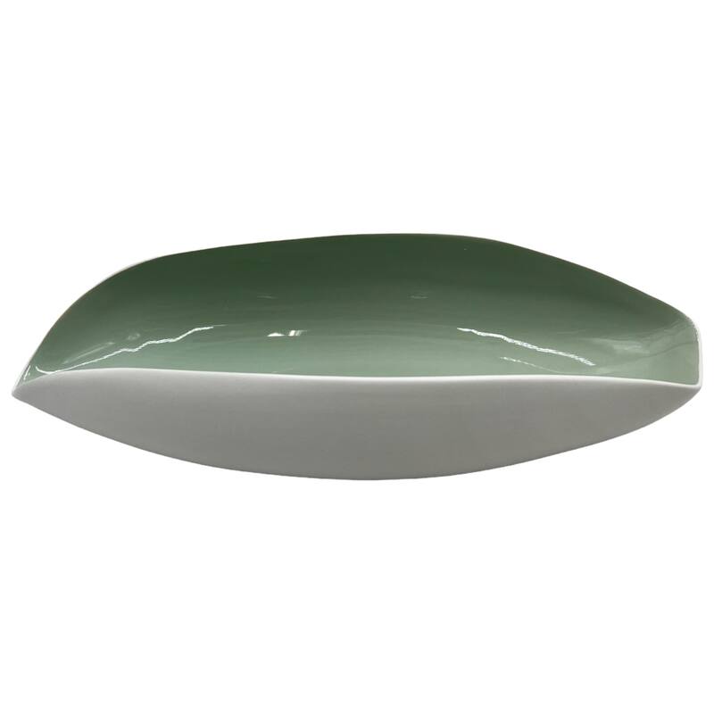 14 Inch Wide Modern Decorative Bowl in White and Green - 13.5 x 6 x 3 in