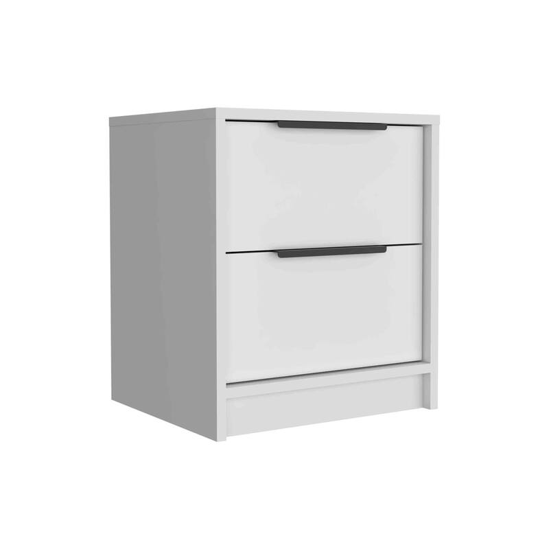 White Modern Nightstand with Two Drawers and Metal Hardware