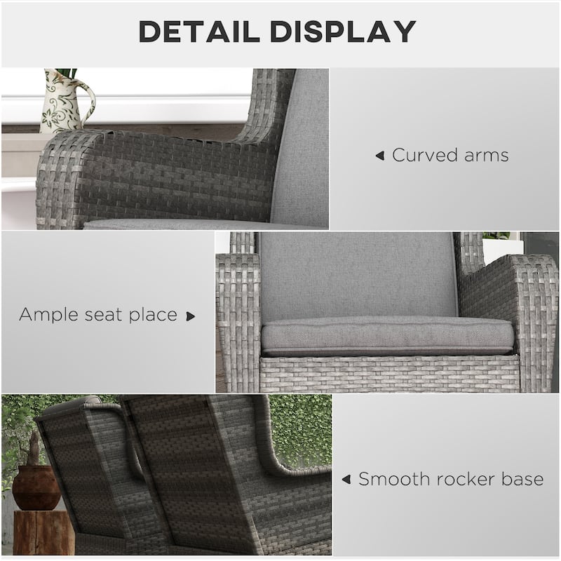 Outsunny Outdoor Wicker Rocking Chair Set of 2 with Wide Seat, Thick Cushions, Rattan Rockers with Steel Frame, High Weight