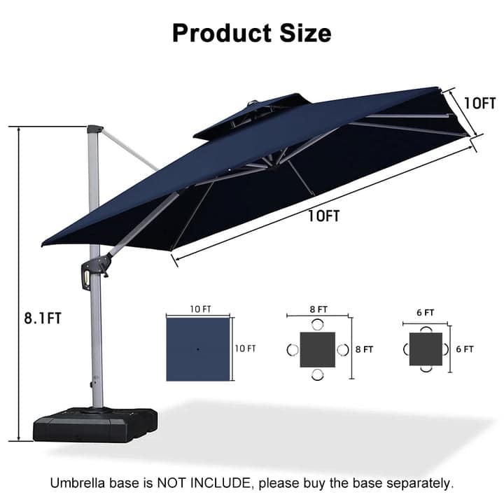 PURPLE LEAF Double Top Deluxe Square Patio Cantilever Umbrella 360 Degree Rotation 9ft/10ft/11ft/12ft Outdoor Classic Umbrella