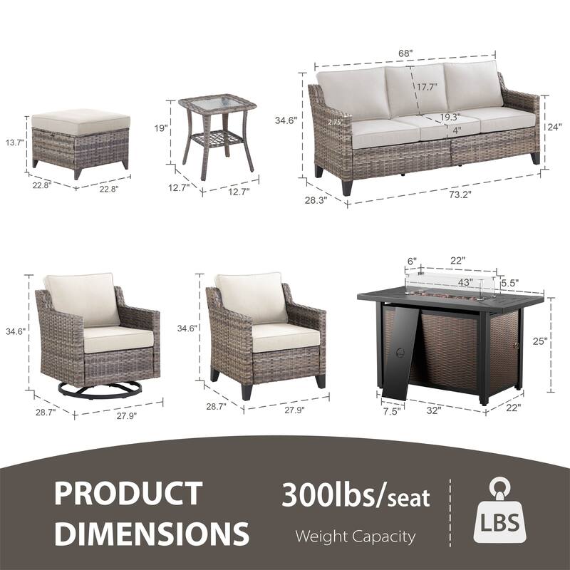 Glissia 9-Piece Gray Wicker Fire Pit Conversation Set with Wicker fire pit