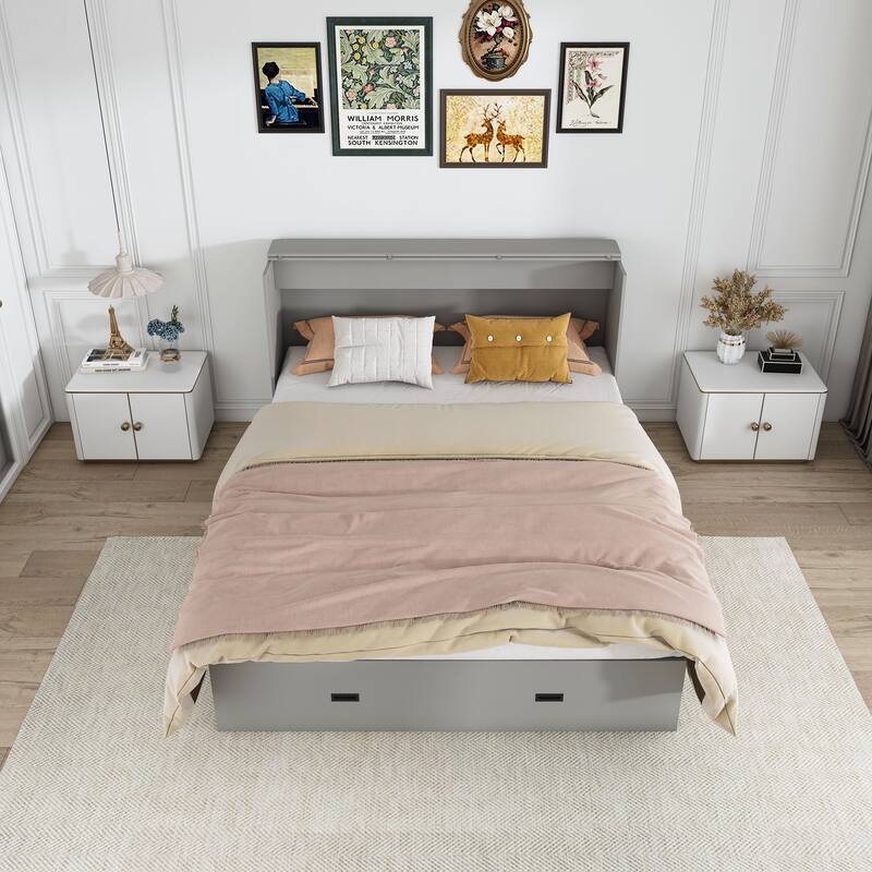 57" Murphy Bed with Storage Drawers & Charging Cabinet - Folding, Wheeled & Noise-Free for Guest Room, Living Room, Office