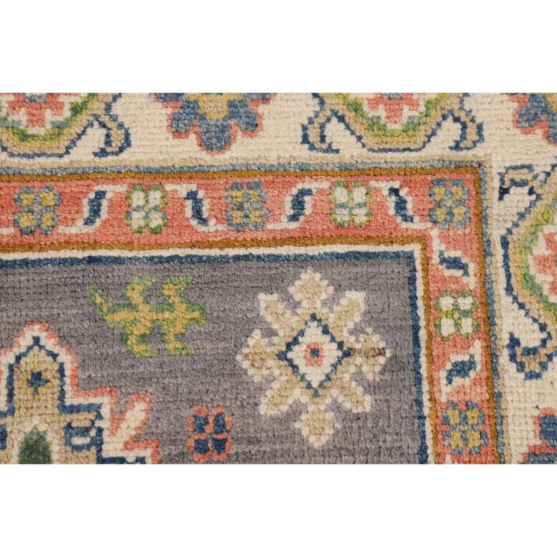 Gray Kazak Foyer Rug Hand-Knotted Geometric Wool Carpet - 2'7" x 4'2"