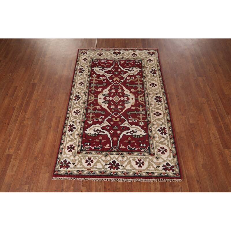 Oushak Indian Rug Hand-Knotted Transitional Floral Wool Carpet - 4'0"x 6'3"