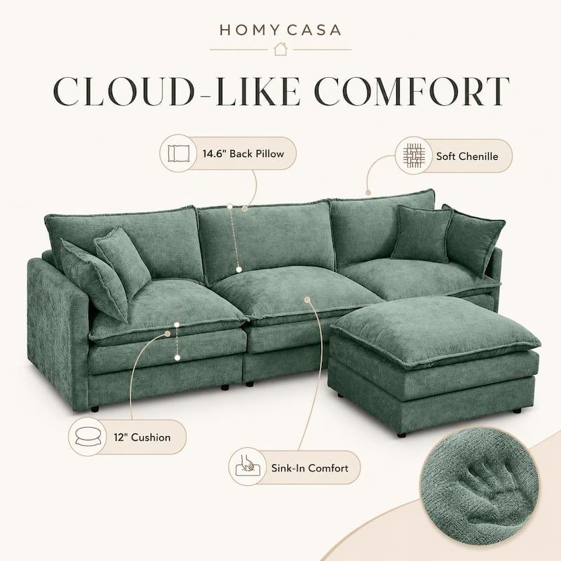 Homy Casa 102" L-Shaped Modular Sectional Sofa Movable Ottoman, Cloud-Style Chenille Couch, DIY Combination for Living Room Tray