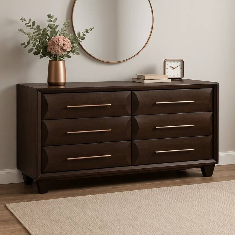 Nitz 6 Drawer Wide Dresser, Espresso Brown Solid Wood, Rose Gold Handles