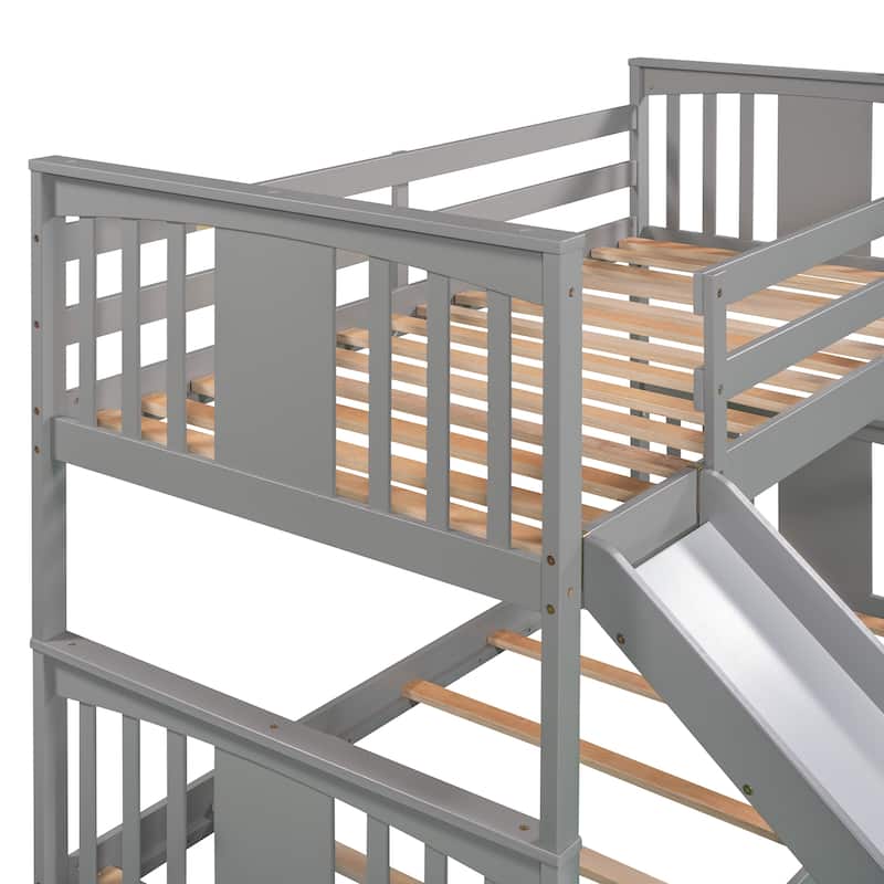 Gray Twin over Twin Size Solid Wood Bunk Bed with Ladder, Slide and Fence for Kids, Bedroom