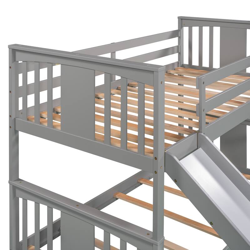 Twin over Twin Size Solid Wood Bunk Bed with Ladder, Slide and Fence for Kids, Bedroom