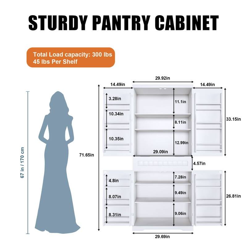 71.65" White Farmhouse Pantry Cabinet – Adjustable-Shelf Storage with 2 Cabinets & 6 Door Shelves, Freestanding Design .