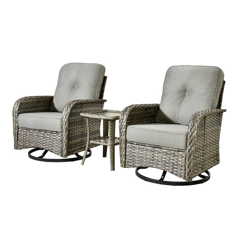 HOOOWOOO 3-piece Grey Wicker Patio Swivel Rocking Chair Set