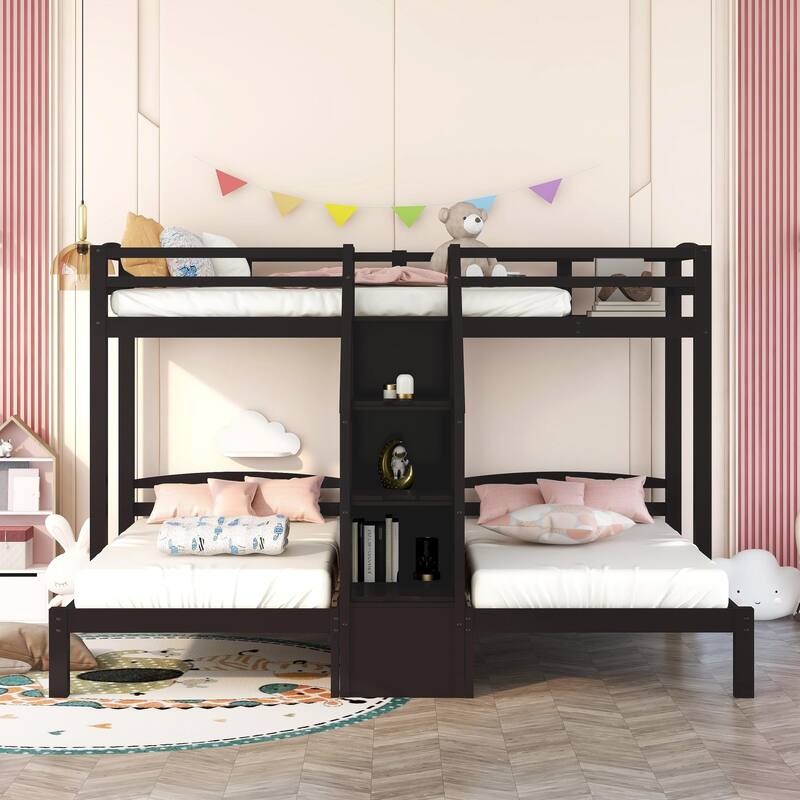 Twin Over Twin & Twin Bunk Bed with Built-In Staircase and Drawer
