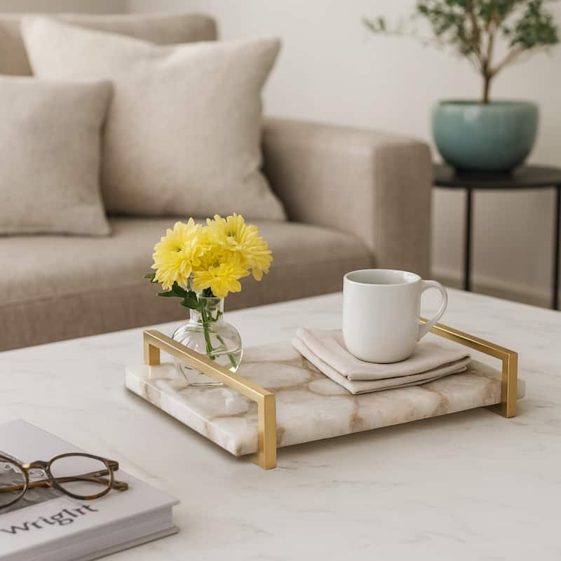 Rectangle Agate Tray with Metal Handles -Home Decor - 14", Ivory & Tan - 14.0"