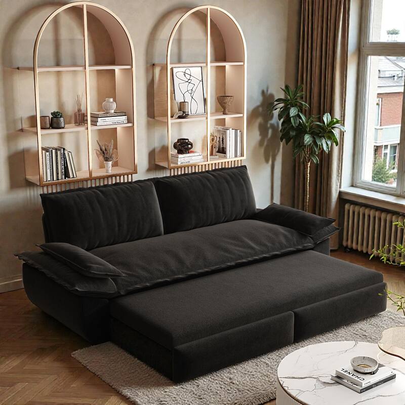 73.2" Pull Out Sofa Bed, 3-in-1 Convertible Queen Sleeper Sofa, Velvet Loveseat Couch for Living Room Bedroom