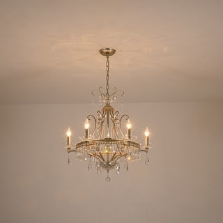 6-Light Vintage Brushed Silver Metal & Crystal Chandelier with Sparkling Crystal Accents for Dining Room - 6 Light
