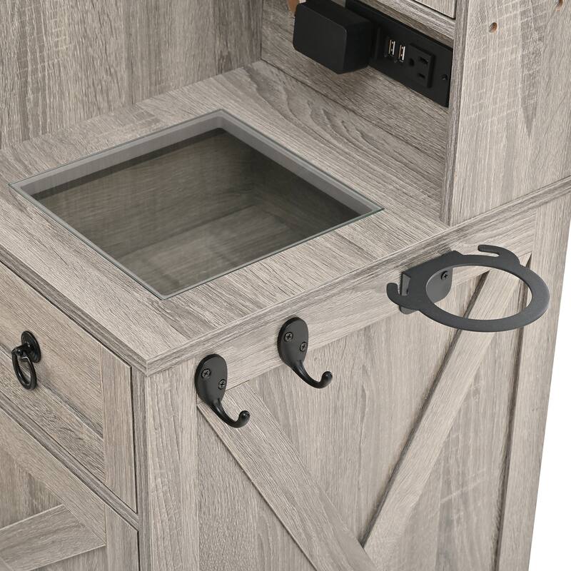 2-Piece Bedroom Makeup Vanity Set with Stool, Farmhouse Glass Top Vanity Desk with Sliding Mirror, Lights and Charging Station