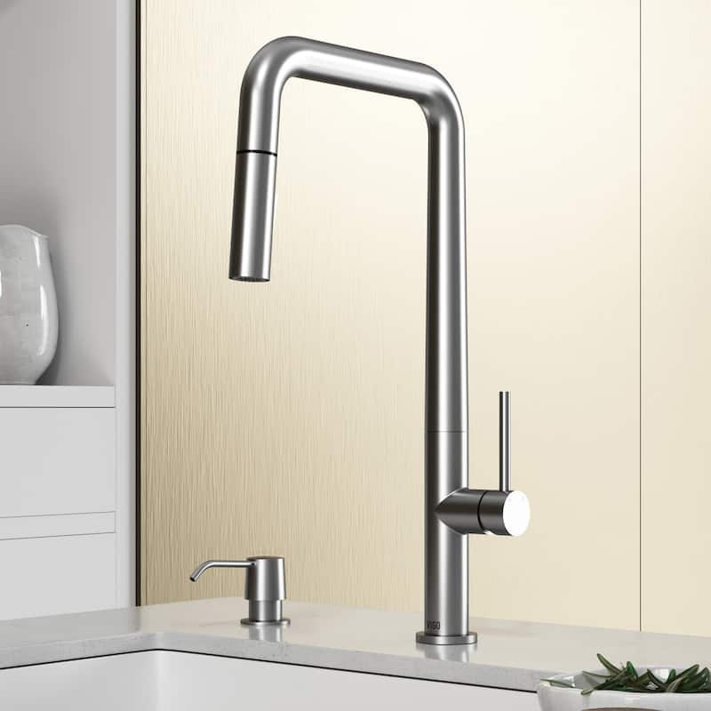 VIGO Parsons 18" H Single Handle Pull-Down Sprayer Kitchen Faucet - With Soap Dispenser - Stainless Steel