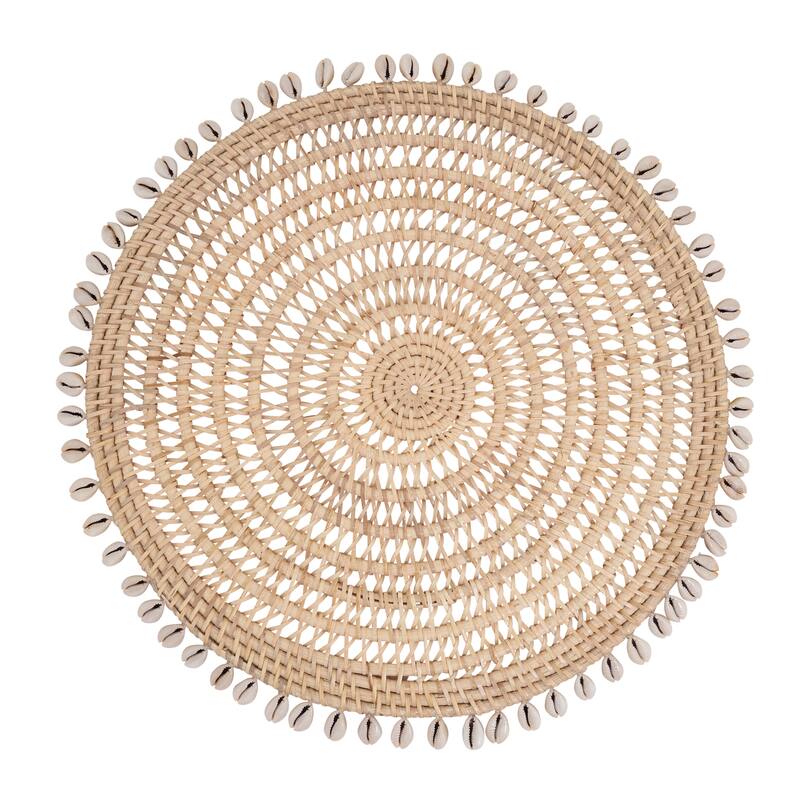 Rattan & Shell Beaded Round Placemats (Set of 4) - Handwoven Natural Fiber Design for Dining, Entertaining & Layered Styling
