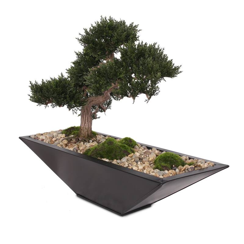 Artificial Cedar Bonsai, Moss, Natural Pebbles in Black Metal Zinc Pot - 22.5W x 13D x 17H