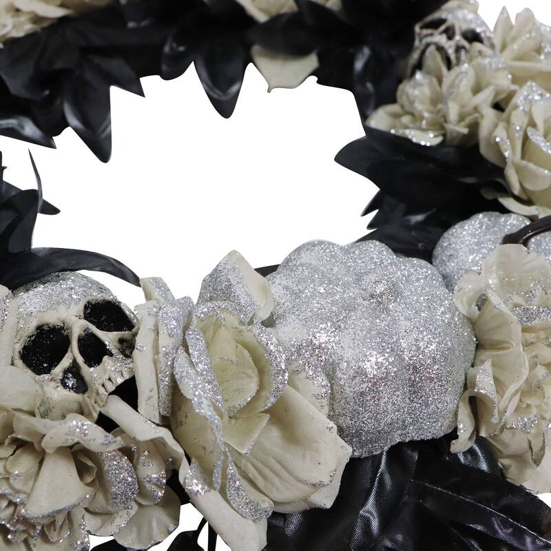 Haunted Hill Farm 15-In. Halloween Floral Wreath with Glitter Pumpkins and Skulls for Haunted House Hanging Decoration