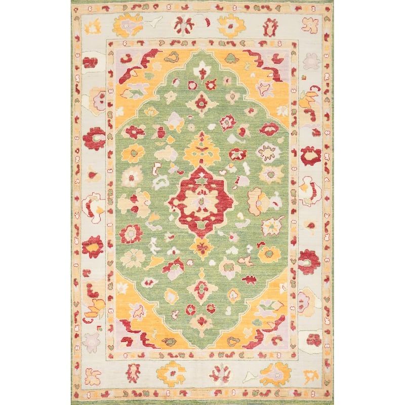 Hand Knotted Oriental 100% Wool Carpet Transitional Floral Green Oushak Area Rug - 9' 9'' X 6' 11''