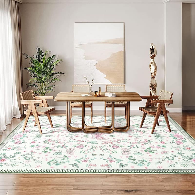 Modern Floral Machine Washable Indoor Waterproof Area Rug for Bedroom, Living Room, Pink - 2' x 3' - Pink 8*10ft