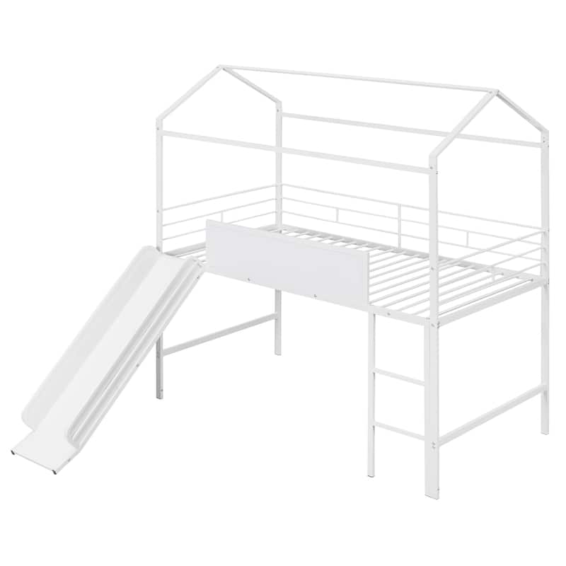 Metal House Bed With Slide, Twin Size Metal Loft Bed with Two-sided writable Wooden Board