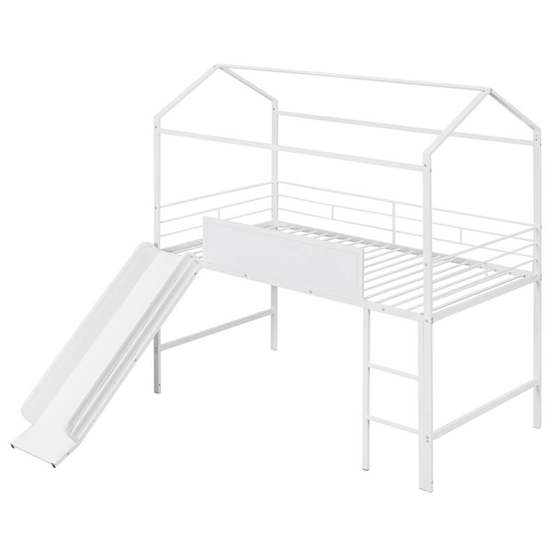 Twin Size Metal Loft Bed with Slide & Two-Sided Writable Wooden Boards - Metal House Bed Design