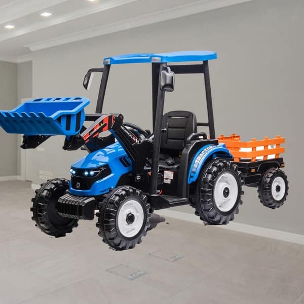 slide 2 of 22, 24V Pedal Tractor with Working Loader, Backhoe Digger, and Trailer for Kids, Electric Ride-On Construction Vehicle