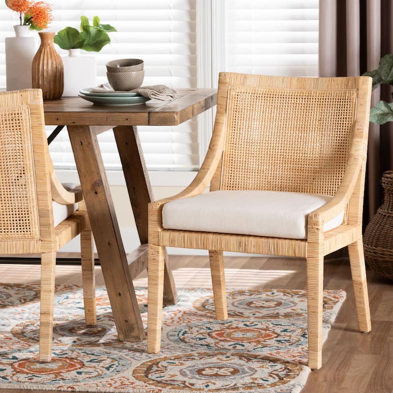 Alexis Natural Rattan Dining Chair - Handcrafted Wingback Accent Chair with Woven Back and Removable Seat Cushion, Boho Seating
