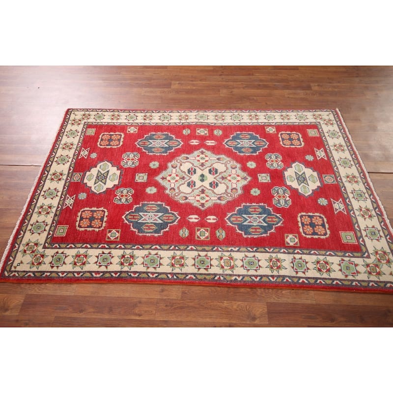 Geometric Red Kazak Accent Rug Hand-Knotted Bedroom Wool Carpet - 3'10" x 5'10"