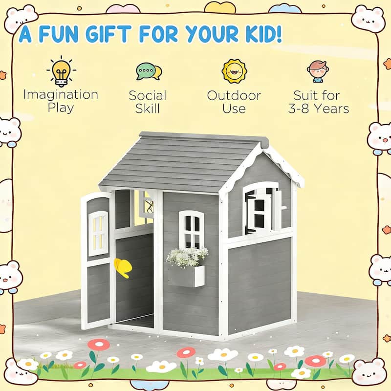 GDFStudio Outdoor Rowan Fir Wood Kids Playhouse with Windows and Plant Box - Gray