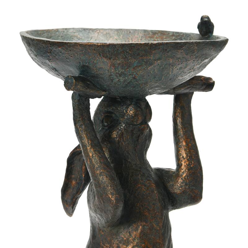 Decorative Resin Rabbit Bird Bath, Green Patina Finish