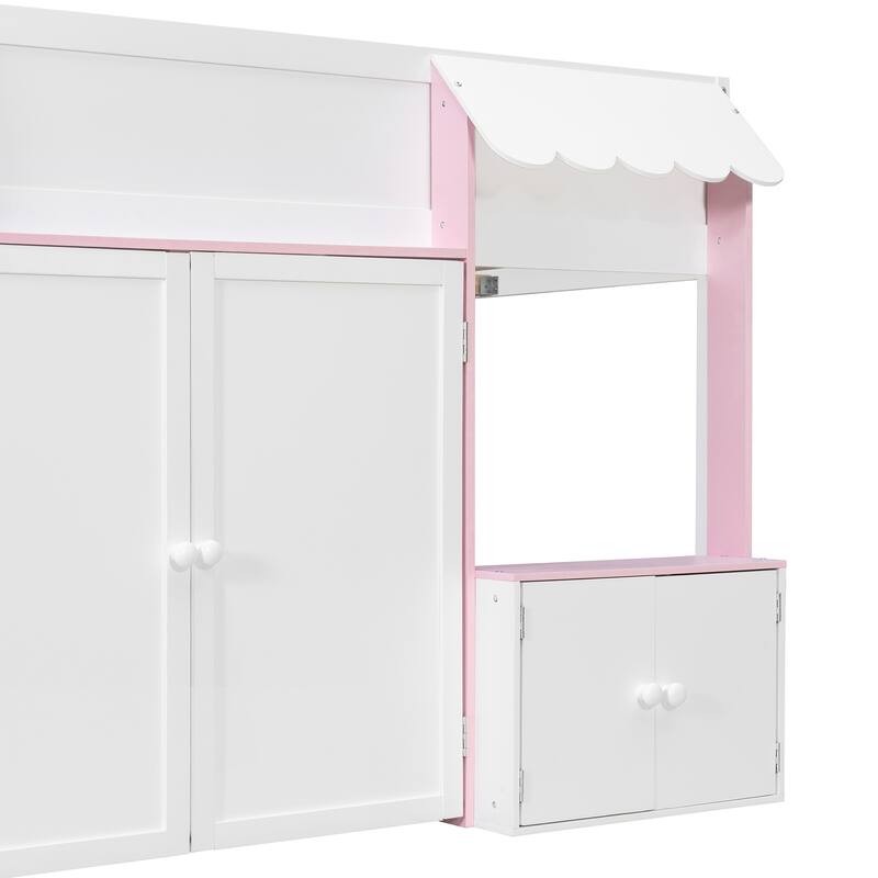 Full Size Loft House Bed with Playhouse Design & Storage, Modern Wooden Cabin Bed with Guardrails and Ladder for Kids, Teens